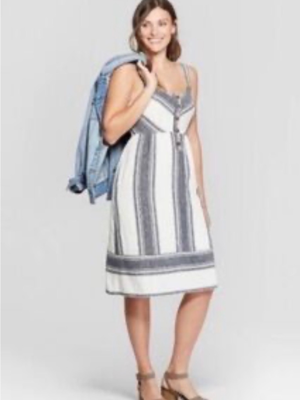 Universal Thread White and Navy Blue Striped Linen Blend Midi Dress, SZ. M